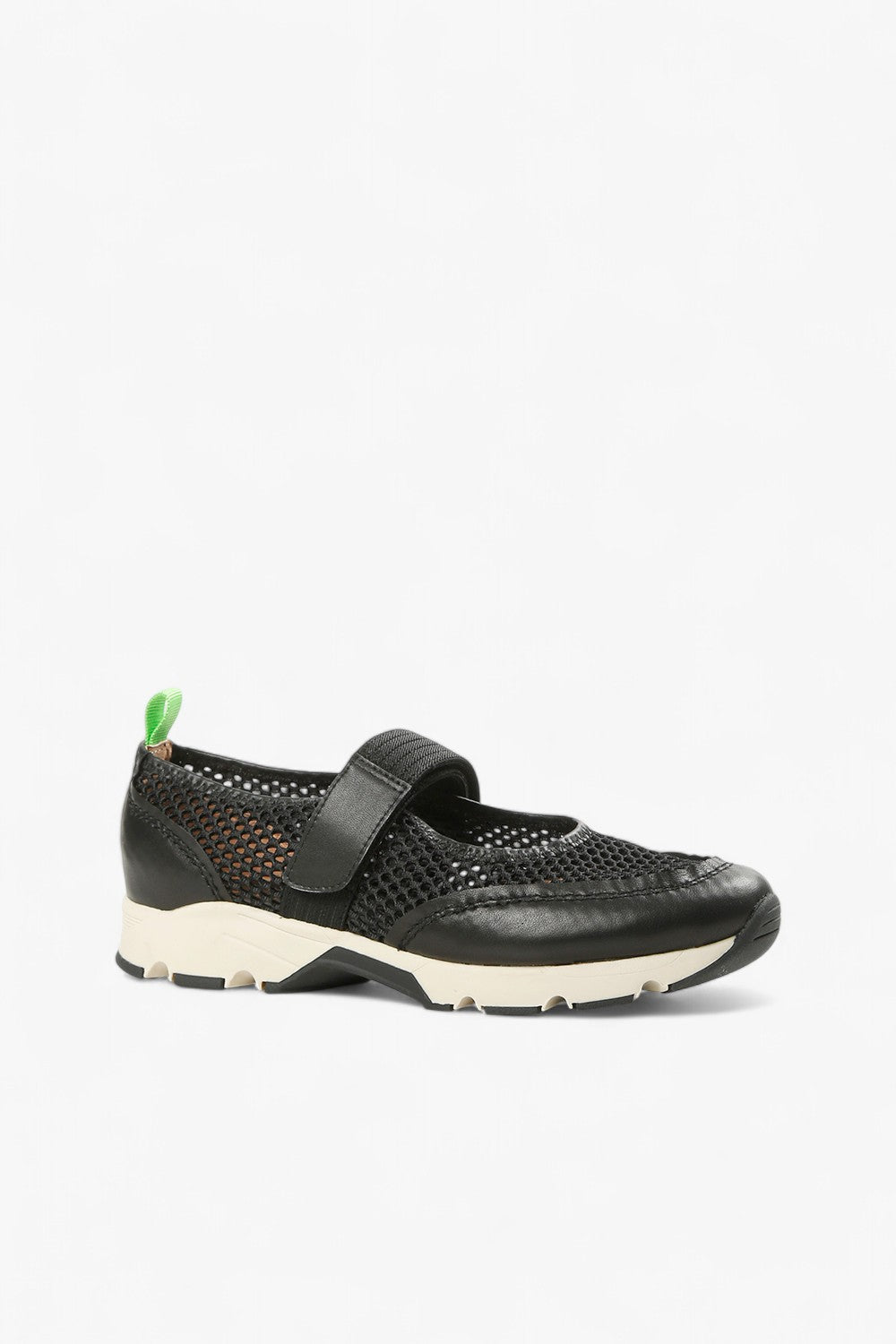 Side View of ALL BLACK Women’s Black Mesh and Leather Mary Jane Sneaker