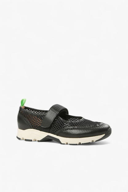 Side View of ALL BLACK Women’s Black Mesh and Leather Mary Jane Sneaker