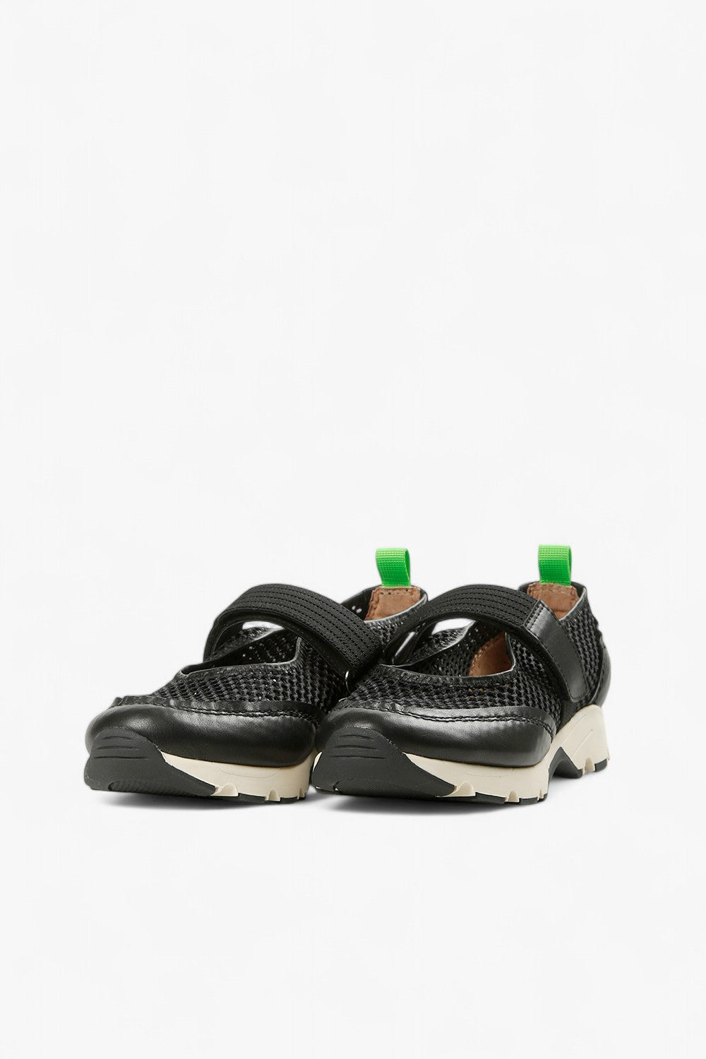 Front View of ALL BLACK Women’s Black Mesh and Leather Mary Jane Sneakers