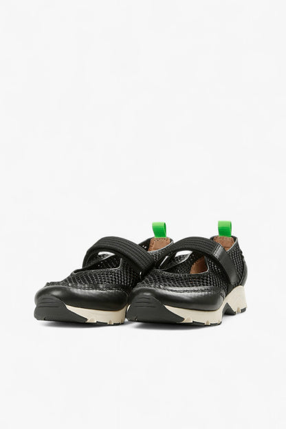 Front View of ALL BLACK Women’s Black Mesh and Leather Mary Jane Sneakers