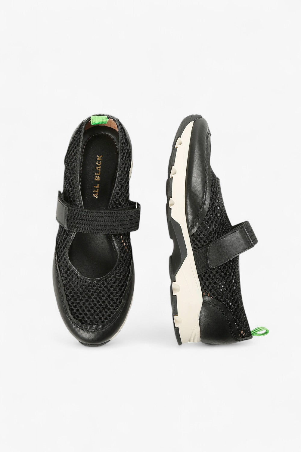 Close-Up of Black Mesh, Leather, and Strap Detail on Women’s Mary Jane Sneaker