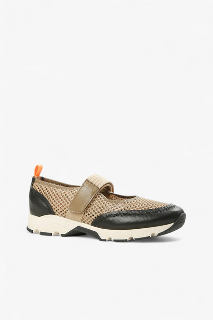 ALL BLACK taupe and black leather mesh Mary Jane sneaker with perforated upper and chunky contrast sole, women’s sporty comfort shoe for modern fall styling