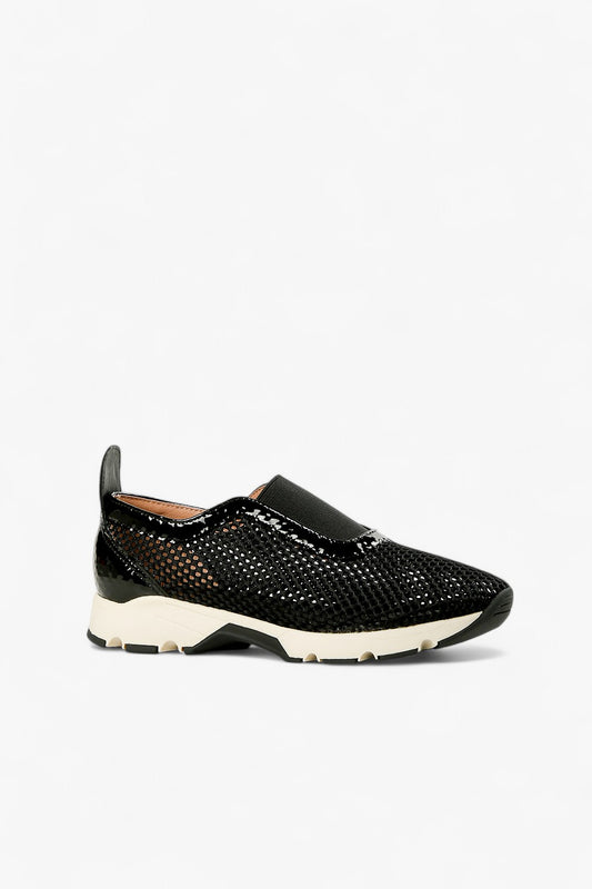 ALL BLACK black patent leather and mesh slip-on sneaker with perforated upper, elastic inset and chunky contrast sole, women’s lightweight comfort shoe for modern fall styling