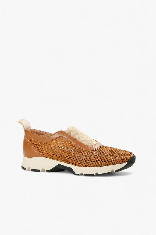 ALL BLACK brown leather and mesh slip-on sneaker with perforated upper, elastic inset and chunky contrast sole, women’s lightweight comfort shoe for modern fall styling