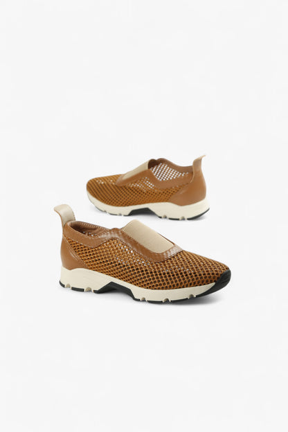 Pair of ALL BLACK Women’s Brown Woven Mesh and Leather Slip-On Sneakers