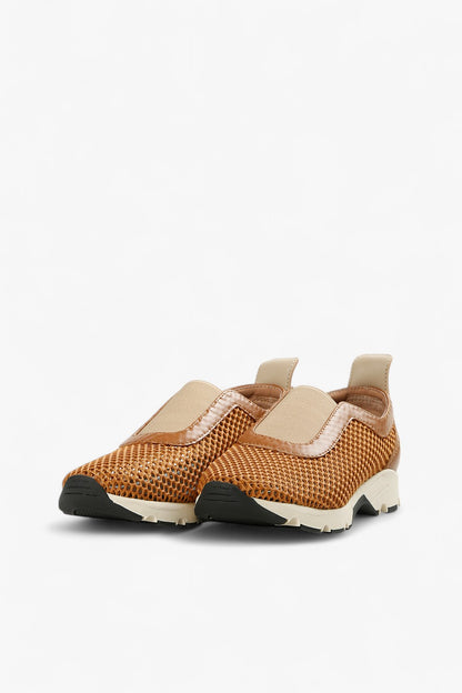 Front View of ALL BLACK Women’s Brown Woven Mesh and Leather Slip-On Sneakers