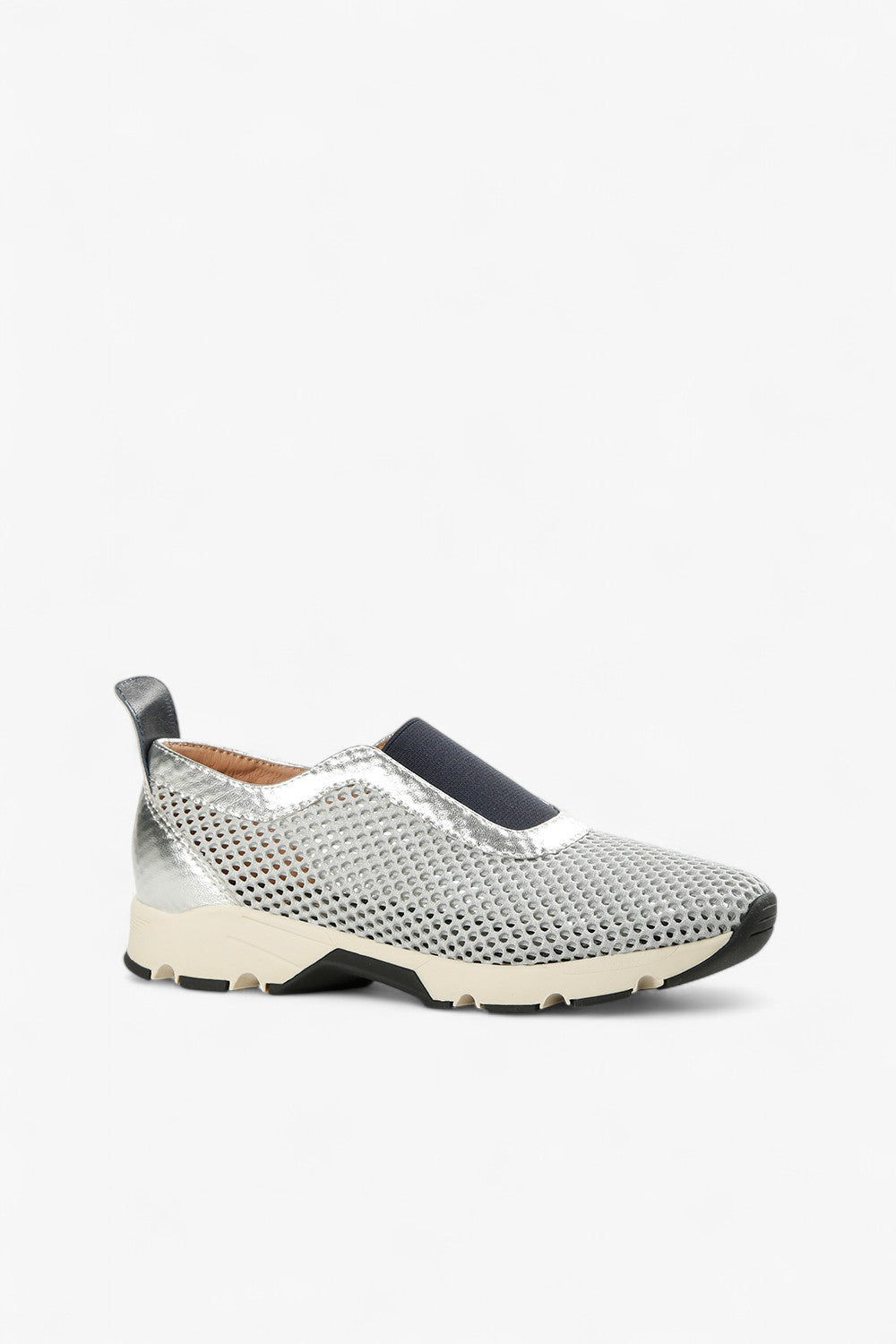 ALL BLACK silver metallic leather and mesh slip-on sneaker with perforated upper, elastic inset and chunky contrast sole, women’s lightweight comfort shoe for modern fall styling
