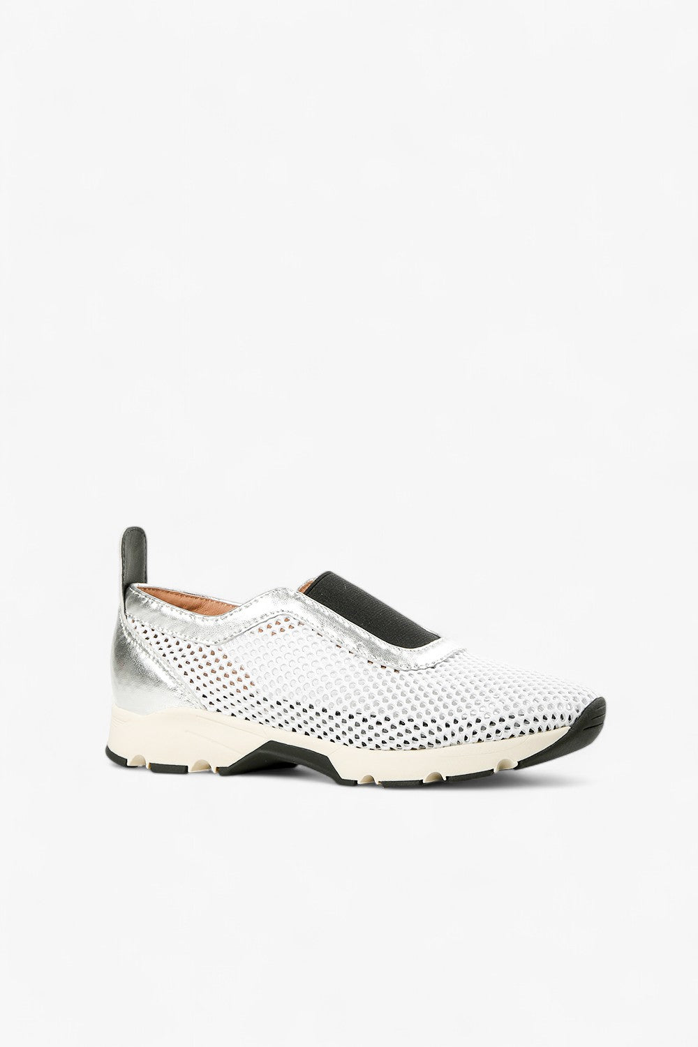 ALL BLACK silver metallic leather and mesh slip-on sneaker with perforated upper, elastic inset and chunky contrast sole, women’s lightweight comfort shoe for modern fall styling