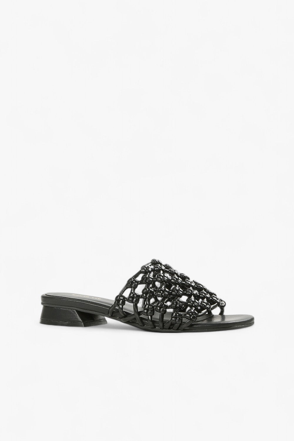 Women's black woven leather slide sandals with low geometric block heel side view.