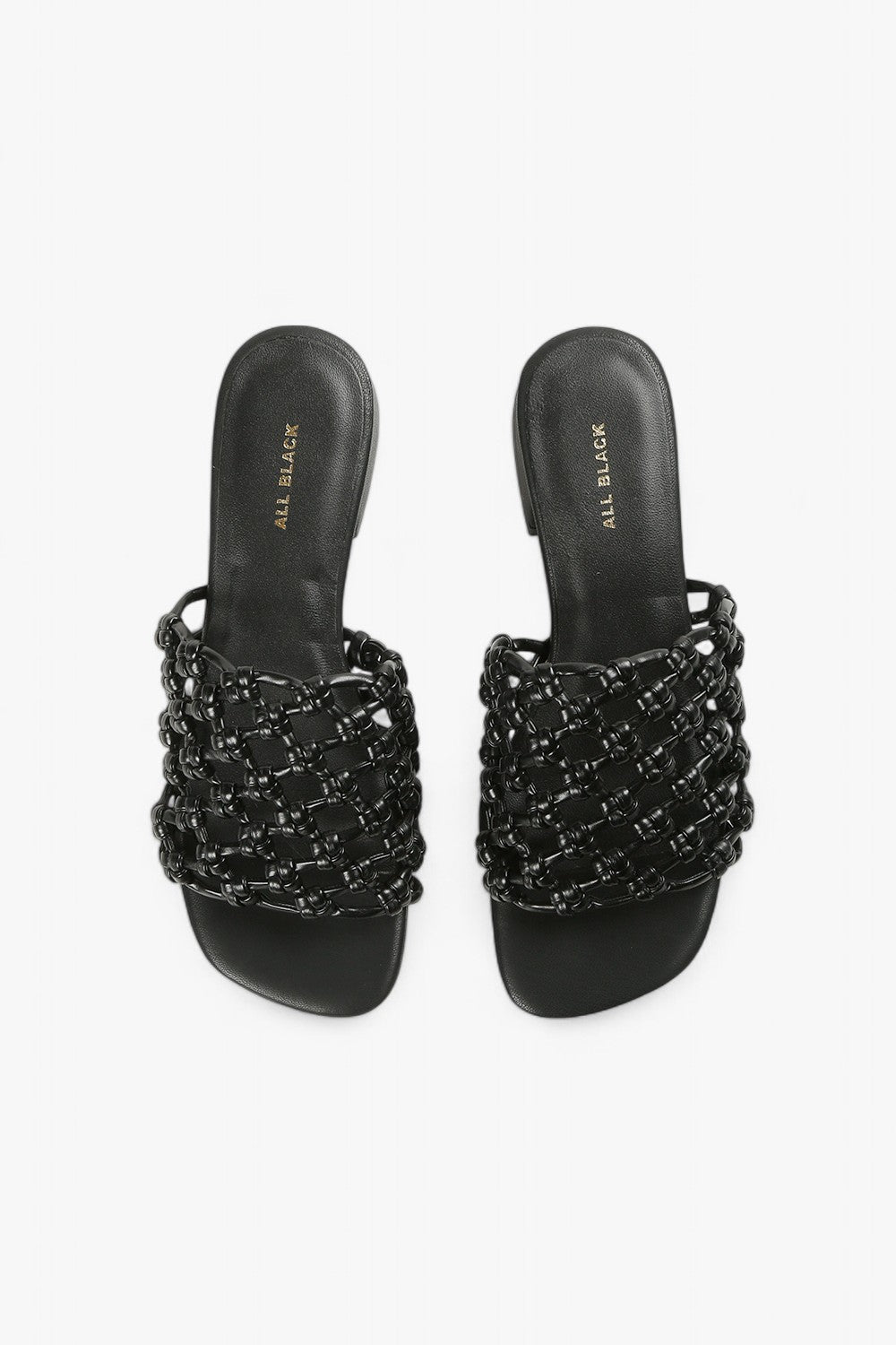 Pair of women's black leather square weave sandals with gold ALL BLACK logo on the footbed.
