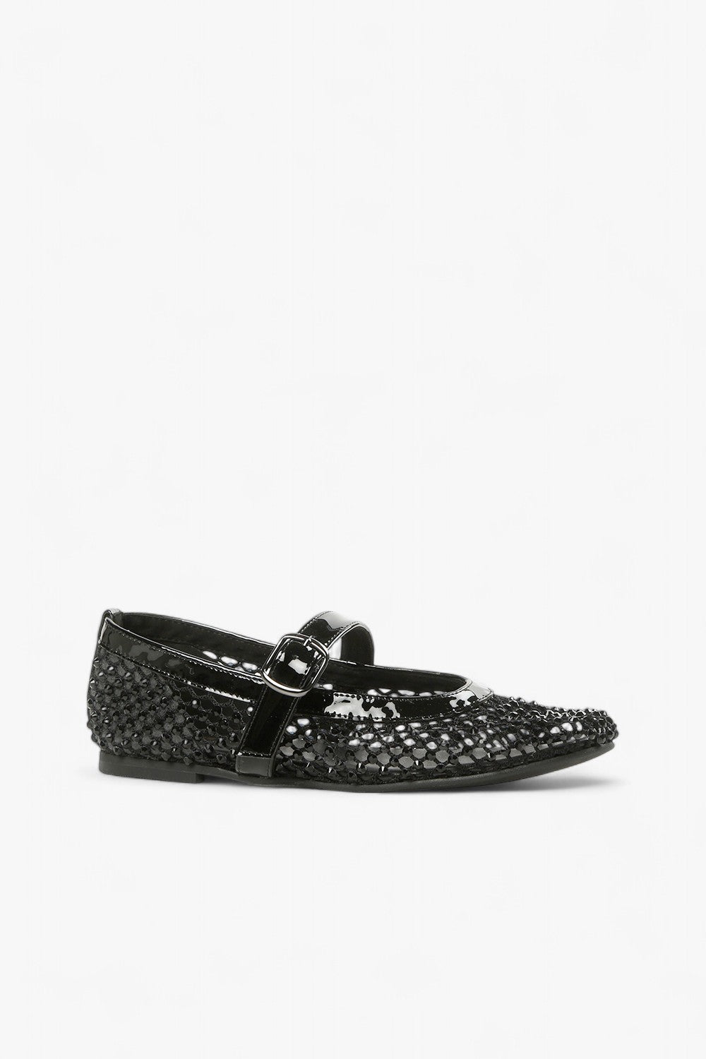 Side View of ALL BLACK Women’s Black Rhinestone Mesh and Patent Leather Mary Jane Flat