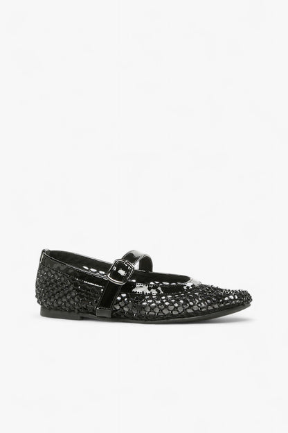 Side View of ALL BLACK Women’s Black Rhinestone Mesh and Patent Leather Mary Jane Flat