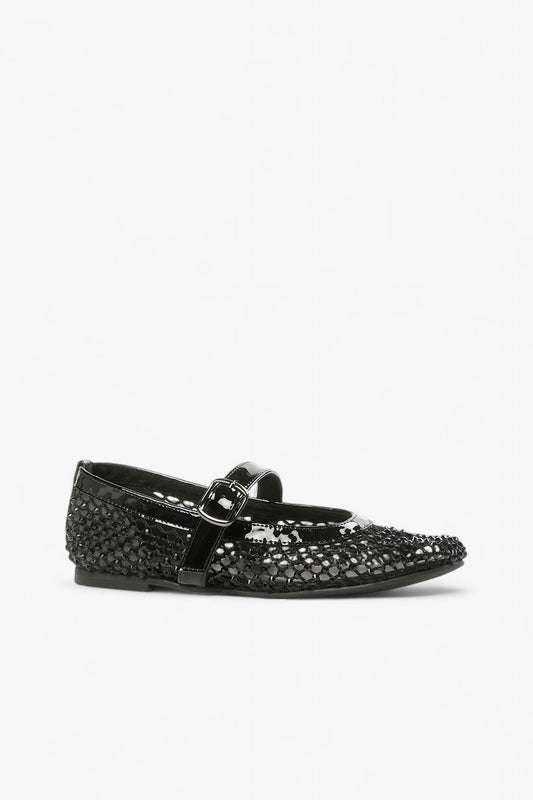 Side View of ALL BLACK Women’s Black Rhinestone Mesh and Patent Leather Mary Jane Flat