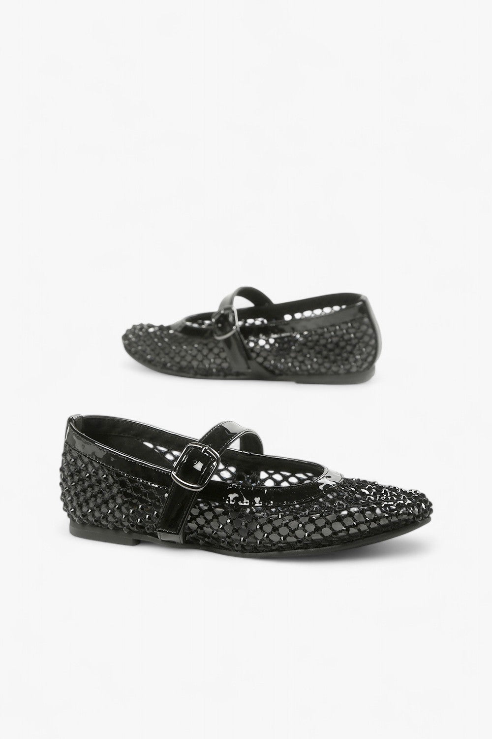 Pair of ALL BLACK Women’s Black Rhinestone Mesh and Patent Leather Mary Jane Flats