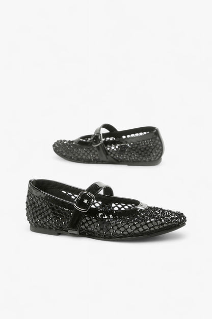 Pair of ALL BLACK Women’s Black Rhinestone Mesh and Patent Leather Mary Jane Flats