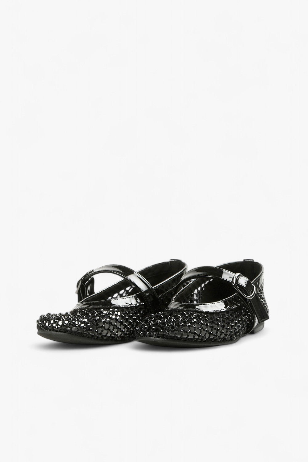 Front View of ALL BLACK Women’s Black Rhinestone Mesh and Patent Leather Mary Jane Flats
