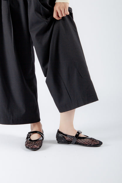 Women’s Black Rhinestone Mesh Mary Jane Flats Styled with Contemporary Outfit