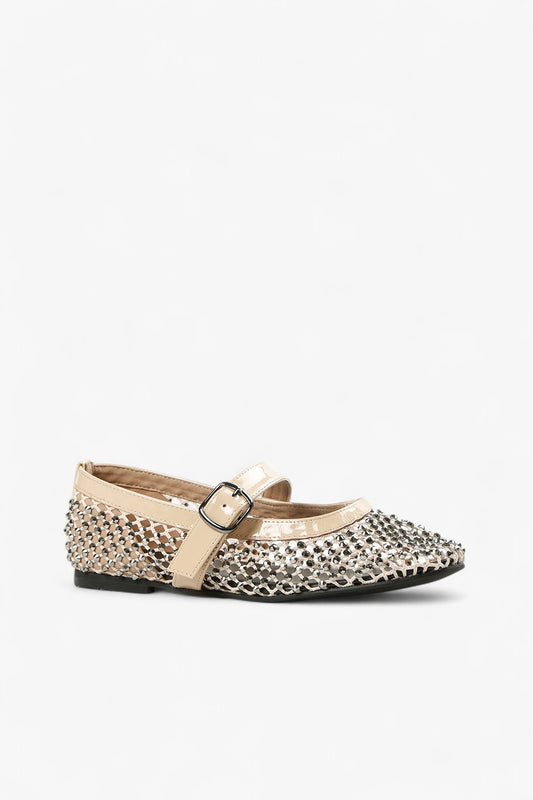 ALL BLACK nude patent leather Mary Jane flat with crystal-embellished mesh upper and buckle strap, women’s sparkling low heel dress shoe for statement fall styling
