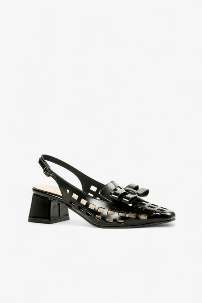 Side View of ALL BLACK Women’s Black Leather Laser Cut Slingback Block Heel Pump