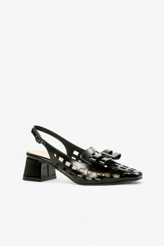 black patent leather slingback pump with cutout upper and bow detail, women’s block heel dress shoe for modern statement fall styling