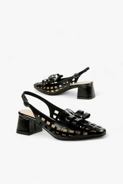 Pair of ALL BLACK Women’s Black Leather Laser Cut Slingback Block Heel Pumps