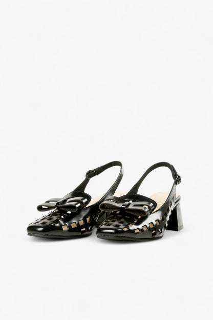 Front View of ALL BLACK Women’s Black Leather Laser Cut Slingback Block Heel Pumps