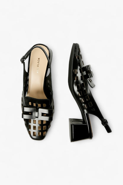 Close-Up of Laser Cut Leather and Bow Detail on Women’s Black Slingback Block Heel Pump
