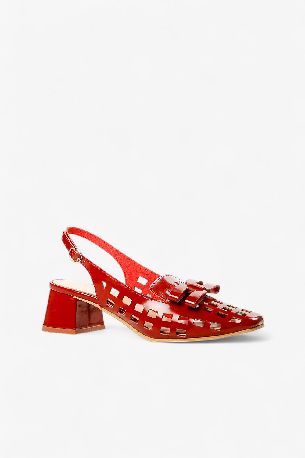 red patent leather slingback pump with cutout upper and bow detail, women’s block heel dress shoe for bold statement fall styling