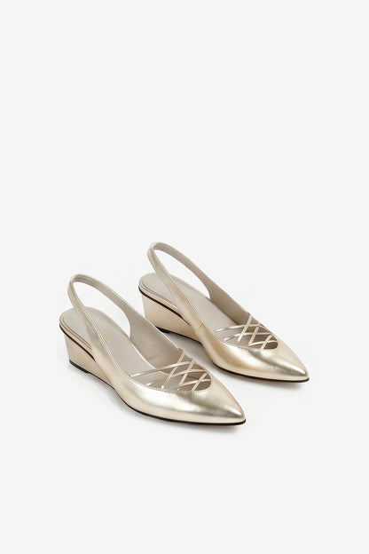 Pair of ALL BLACK Women’s Metallic Gold Leather Slingback Wedge Pumps
