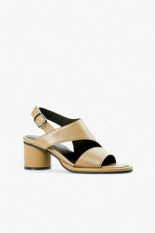 Women's khaki leather block heel sandals with asymmetrical wide straps and ankle buckle side view.