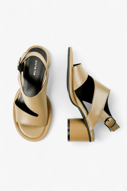 Top down and side view of women's khaki block heels showcasing the black ergonomic footbed and ALL BLACK branding.