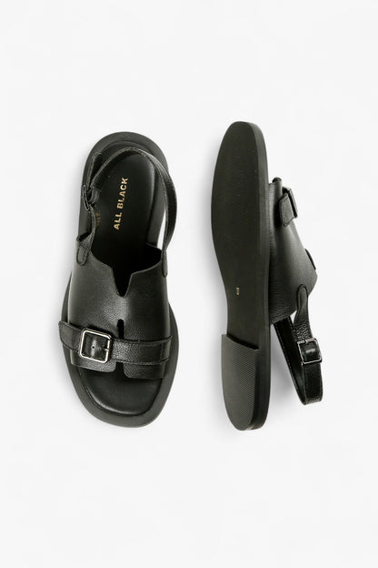 Top and sole view of women's black flat sandals with silver hardware and ergonomic footbed, ALL BLACK branding visible.