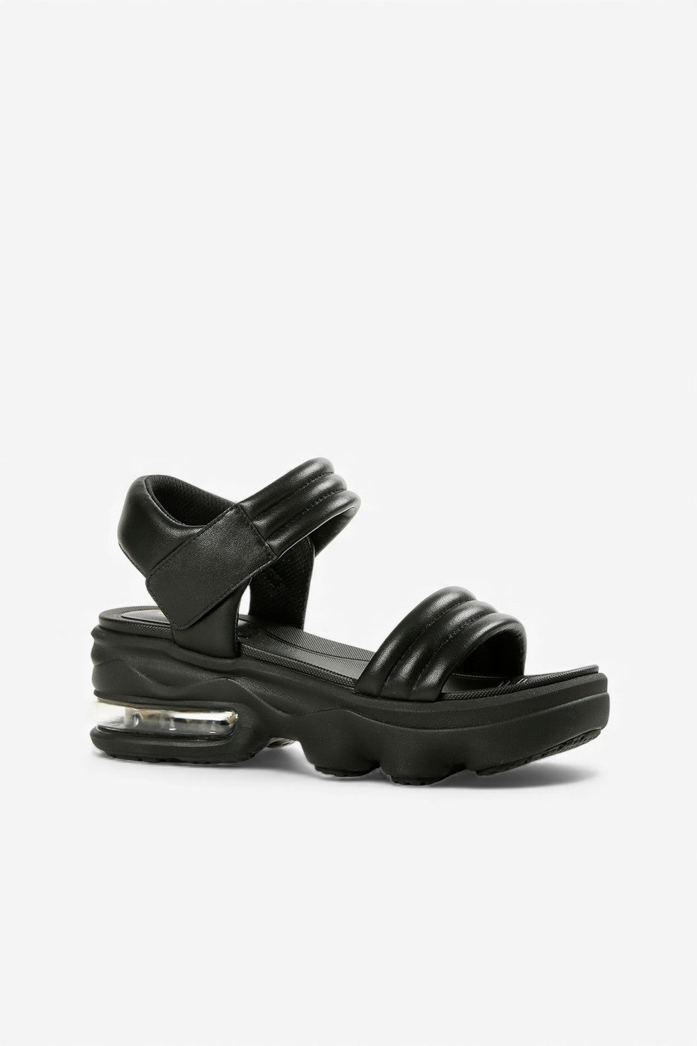 Side View of ALL BLACK Women’s Black Leather Padded Strap Platform Sandal