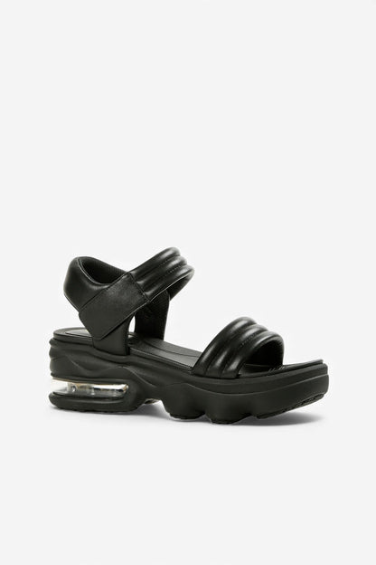 Side View of ALL BLACK Women’s Black Leather Padded Strap Platform Sandal