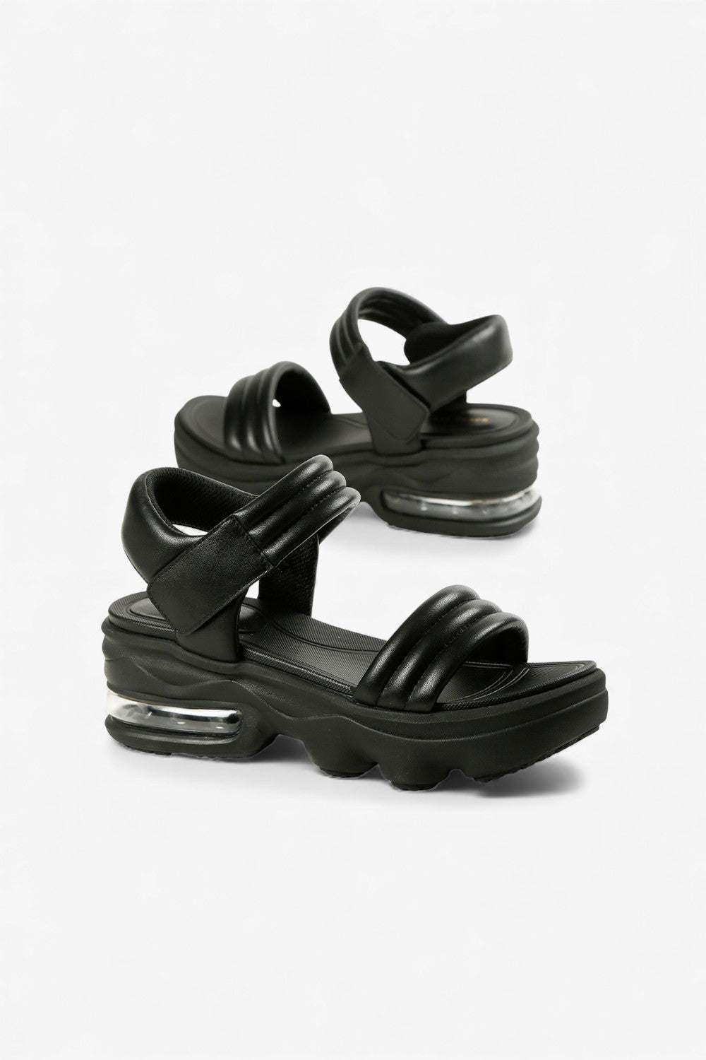 Pair of ALL BLACK Women’s Black Leather Padded Strap Platform Sandals