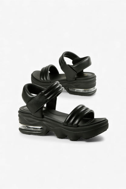 Pair of ALL BLACK Women’s Black Leather Padded Strap Platform Sandals