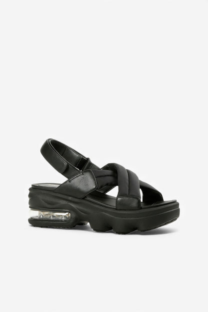 Side View of ALL BLACK Women’s Black Leather Platform Cushion Slingback Sandal