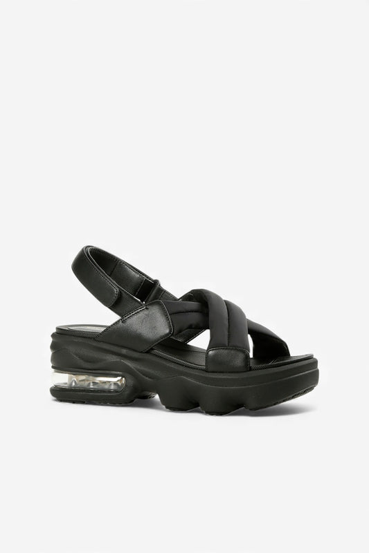 Side View of ALL BLACK Women’s Black Leather Platform Cushion Slingback Sandal